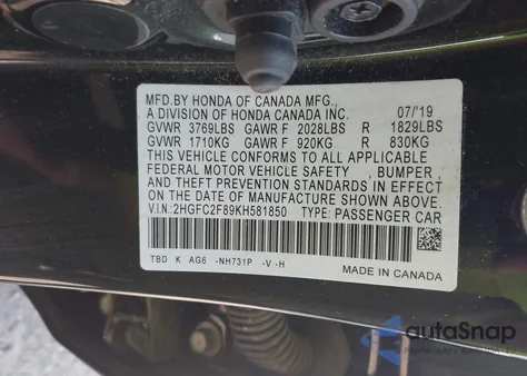 2019 Honda Civic Sport from USA, damaged, VIN 2HGFC2F89KH581850